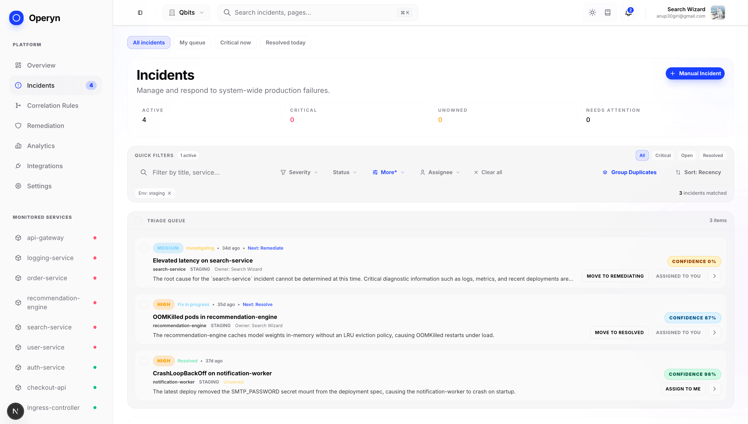 Operyn Incidents Dashboard Light Mode — AI-powered triage queue
