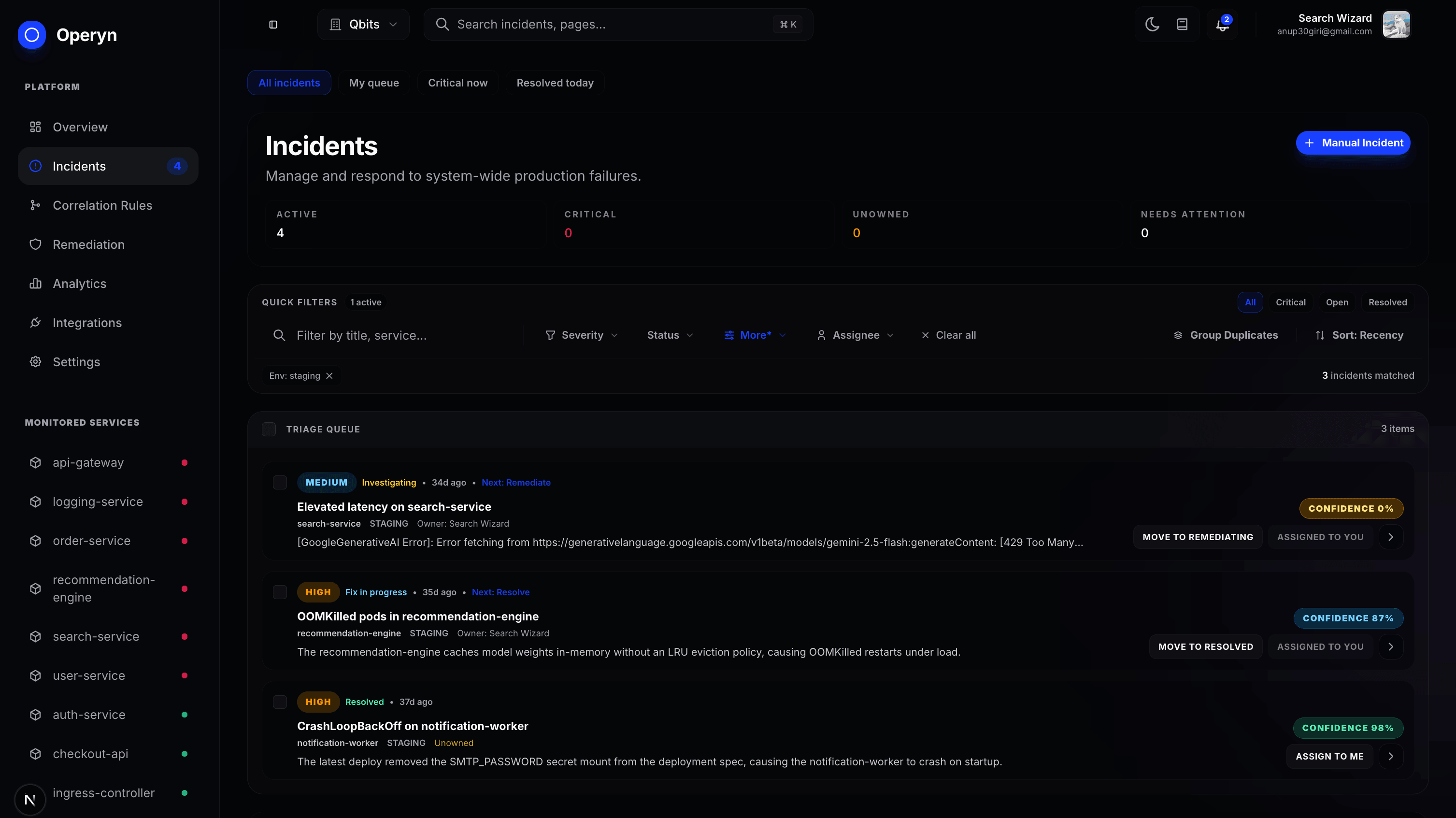 Operyn Incidents Dashboard Dark Mode — AI-powered triage queue